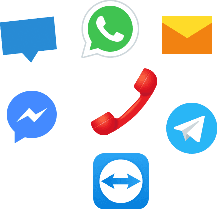 Canaux de support - WhatsApp, téléphone, e-mail, Messenger, Telegram, TeamViewer